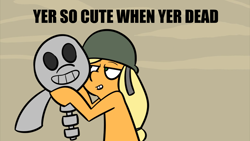 Size: 1920x1080 | Tagged: safe, artist:alex di stasi, imported from derpibooru, applejack, friendship is witchcraft, how applejack won the war, caption, dark comedy, dead, flirting, helmet, image macro, imminent necrophilia, meme, morbid, skeleton, smiling, soldierjack, the war, war, youtube link