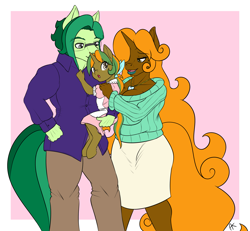 Size: 2443x2254 | Tagged: safe, artist:appelknekten, imported from derpibooru, oc, oc only, oc:appel, oc:keepsake, oc:lily cureheart, oc:sketchy skylar, anthro, earth pony, unicorn, appelskylar, clothes, daughter, family, father, female, filly, glasses, jewelry, long mane, makeup, male, mare, mother, offspring, parent:oc:appel, parent:oc:sketchy skylar, parents:appelskylar, parents:oc x oc, stallion