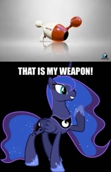 Size: 716x1113 | Tagged: safe, imported from derpibooru, princess luna, female, luna blaster, meme, pun, solo, splatoon, that's my x