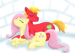 Size: 1024x724 | Tagged: safe, artist:fia94, imported from derpibooru, big macintosh, fluttershy, earth pony, pony, fluttermac, male, shipping, snuggling, stallion, straight