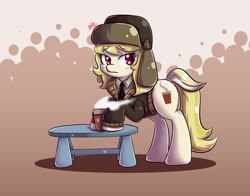 Size: 1400x1100 | Tagged: safe, artist:tikrs007, imported from derpibooru, march gustysnows, earth pony, pony, princess spike (episode), blushing, clothes, coffee, female, mare, solo, table