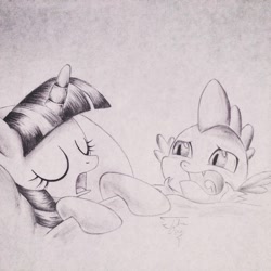 Size: 1024x1024 | Tagged: safe, artist:theasce, imported from derpibooru, spike, twilight sparkle, princess spike (episode), grayscale, monochrome, pencil drawing, scene interpretation, traditional art