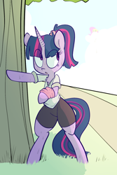 Size: 1000x1500 | Tagged: safe, artist:whydomenhavenipples, imported from derpibooru, fluttershy, twilight sparkle, pony, bipedal, clothes, explicit source, implied watersports, pants, shirt, sweat, when you see it