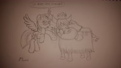 Size: 5312x2988 | Tagged: safe, artist:mkogwheel, imported from derpibooru, prince rutherford, twilight sparkle, alicorn, pony, yak, party pooped, female, korean, mare, monochrome, sketch, slap, traditional art, twilight sparkle (alicorn)