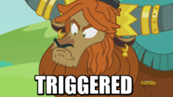 Size: 500x281 | Tagged: safe, imported from derpibooru, screencap, prince rutherford, yak, party pooped, animated, frown, glare, image macro, lip quiver, male, meme, reaction image, solo, triggered, wide eyes