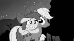 Size: 640x355 | Tagged: safe, imported from derpibooru, screencap, apple bloom, applejack, earth pony, pony, black and white, butt touch, female, filly, grayscale, hoof on butt, hug, mare, scared