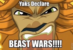 Size: 510x348 | Tagged: safe, edit, edited screencap, imported from derpibooru, screencap, prince rutherford, yak, party pooped, beast wars, gary chalk, image macro, male, meme, open mouth, solo, transformers, voice actor joke