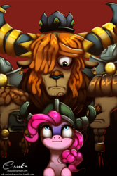 Size: 900x1350 | Tagged: safe, artist:esuka, imported from derpibooru, pinkie pie, prince rutherford, earth pony, pony, yak, party pooped, female, frown, hair over eyes, hair over one eye, helmet, horns, male, mare, that was fast, unnamed character, unnamed yak