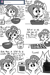 Size: 1462x2198 | Tagged: safe, artist:tjpones, imported from derpibooru, oc, oc only, oc:brownie bun, horse wife, ..., ask, batter, burning stove, cute, fail, fire, food, hoof hold, mascot:nutty professor, mixing, monochrome, mouth hold, open mouth, oven, property damage, recipe, smiling, smoke, solo, stove, tumblr