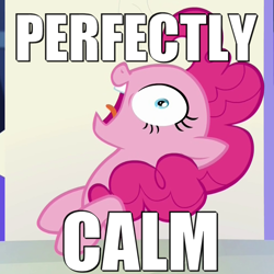 Size: 1000x1000 | Tagged: safe, imported from derpibooru, screencap, pinkie pie, party pooped, blatant lies, image macro, meme, perfectly calm