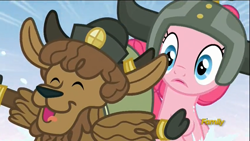 Size: 1366x768 | Tagged: safe, imported from derpibooru, screencap, pinkie pie, earth pony, pony, yak, party pooped, calf, cloven hooves, discovery family logo, eyes closed, female, horns, mare, open mouth, open smile, smiling, unnamed character, unnamed yak, yak calf, yona's sister