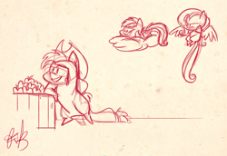 Size: 1280x881 | Tagged: safe, artist:fluttershythekind, imported from derpibooru, applejack, fluttershy, rainbow dash, apple, monochrome