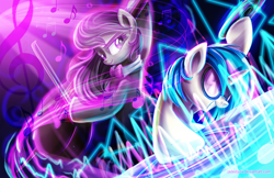 Size: 2000x1294 | Tagged: safe, artist:jadedjynx, imported from derpibooru, dj pon-3, octavia melody, vinyl scratch, 100th episode, cello, classical, dubstep, musical instrument