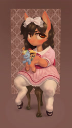 Size: 2300x4082 | Tagged: safe, artist:mataknight, imported from derpibooru, oc, oc only, oc:maría teresa de los ponyos paguetti, earth pony, /yeh/, classic lolita, clothes, doll, dress, earth pony oc, lolita fashion, mexican, sitting, solo, spider-man, upset, ya es hora