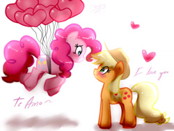 Size: 1024x768 | Tagged: safe, artist:librebutterfly, imported from derpibooru, applejack, pinkie pie, earth pony, pony, applepie, balloon, blushing, cowboy hat, female, hat, heart, heart balloon, lesbian, mare, shipping, smiling, stetson, then watch her balloons lift her up to the sky