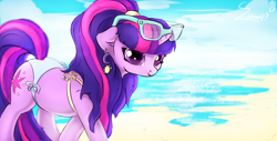 Size: 4020x2042 | Tagged: safe, artist:sverre93, imported from derpibooru, twilight sparkle, pony, unicorn, alternate hairstyle, beach, bikini, clothes, earring, female, glasses, mare, piercing, solo, swimsuit, unicorn twilight