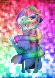 Size: 1750x2500 | Tagged: safe, artist:penny, imported from derpibooru, bon bon, lyra heartstrings, sweetie drops, anthro, unguligrade anthro, clothes, female, kissing, lesbian, lyrabon, shipping