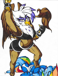 Size: 1675x2202 | Tagged: safe, artist:armpit-warrior, imported from derpibooru, gilda, rainbow dash, anthro, griffon, armpits, backbend, bruised, clothes, compression shorts, fight, fingerless gloves, gloves, knockout, midriff, mma, sports bra, stepped on, traditional art, trampling