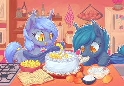 Size: 2500x1750 | Tagged: safe, artist:mav, imported from derpibooru, oc, oc only, oc:panne, oc:speck, bat pony, pony, baking, bat wings, book, bowl, cake, cookbook, cute, duo, ear fluff, ear tufts, egg, eyes on the prize, featured image, female, food, frosting, fruit, high res, hoof hold, icing bag, indoors, kitchen, leaning, licking lips, looking at something, mango, mare, mouth hold, ocbetes, recipe, refrigerator, silly, slit eyes, slit pupils, smiling, standing, stove, sugar (food), tail wrap, tongue out, whisk, wing hands, wings