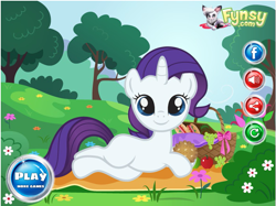 Size: 703x526 | Tagged: safe, imported from derpibooru, rarity, oc, oc:fynsy, cat, pony, blank flank, bootleg, cookie, cute, eating, female, filly, flash game, furry, fynsy, happy, lying down, picnic, smiling, solo