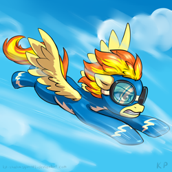 Size: 1500x1500 | Tagged: safe, artist:kp-shadowsquirrel, imported from derpibooru, spitfire, pegasus, pony, female, flying, goggles, solo, wonderbolts uniform