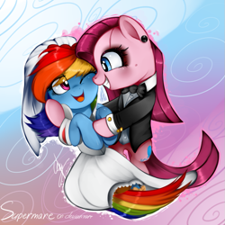 Size: 787x787 | Tagged: safe, artist:supermare, imported from derpibooru, pinkie pie, rainbow dash, clothes, dress, duo, far cry 3, female, lesbian, pinkamena diane pie, pinkiedash, shipping, suit, wedding dress