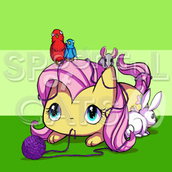 Size: 720x720 | Tagged: safe, artist:spoonfulofcats, imported from derpibooru, angel bunny, fluttershy, bird, cat, mouse, species swap, watermark