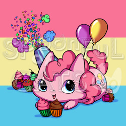 Size: 720x720 | Tagged: safe, artist:spoonfulofcats, imported from derpibooru, pinkie pie, cat, balloon, cupcake, party cannon, species swap, watermark