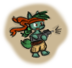 Size: 652x615 | Tagged: safe, artist:zutcha, imported from derpibooru, oc, oc only, oc:lonely day, earth pony, pony, fanfic:the last pony on earth, ponies after people, assault rifle, bandana, bipedal, clothes, female, fn p90, gun, hooves, illustration, mare, open mouth, p90, ponytail, rifle, solo, weapon