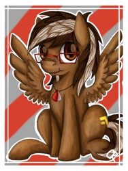 Size: 512x680 | Tagged: safe, artist:miaow-bean, imported from derpibooru, oc, oc only, oc:yoshi ringo, pegasus, pony, chubby cheeks, cute, dog tags, glasses, goatee, male, sitting, spread wings, stallion