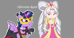 Size: 800x406 | Tagged: safe, artist:coffee-apple, imported from derpibooru, twilight sparkle, alicorn, pony, clothes swap, crossover, female, go princess precure, go! princess precure, magical girl, mare, miyuki sawashiro, pixiv, precure, pretty cure, twilight (precure), twilight sparkle (alicorn), voice actor joke