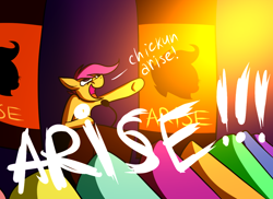 Size: 1100x800 | Tagged: safe, artist:sherradestrix, imported from derpibooru, scootaloo, background pony, chickun, exploitable meme, faic, forced meme, meme