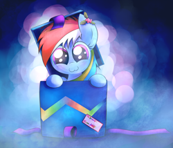 Size: 2800x2400 | Tagged: safe, artist:heavymetalbronyyeah, imported from derpibooru, rainbow dash, pony, :3, abstract background, blushing, christmas, cute, dashabetes, female, high res, looking at you, mare, pony in a box, present, smiling, solo, wingless