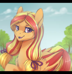 Size: 837x854 | Tagged: safe, artist:kerydarling, artist:rrusha, imported from derpibooru, oc, oc only, pegasus, pony, chest fluff, colored wings, colored wingtips, ear fluff, freckles, multicolored hair, multicolored wings, smiling, solo, tree