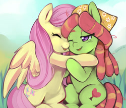 Size: 990x847 | Tagged: safe, artist:ende26, imported from derpibooru, fluttershy, tree hugger, pegasus, pony, cute, eyes closed, female, flutterhugger, friendshipping, hug, huggerbetes, lesbian, mare, one eye closed, open mouth, shipping, shyabetes