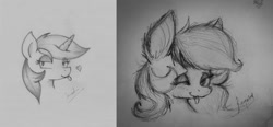 Size: 1119x517 | Tagged: safe, artist:kamikazelenna, artist:metalliclenneth, imported from derpibooru, lyra heartstrings, before and after, draw this again, drawing, female, monochrome, simple background, solo, tongue out, traditional art, wink