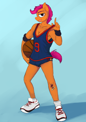 Size: 896x1280 | Tagged: safe, artist:gordonfreeguy, imported from derpibooru, scootaloo, anthro, ball, bandaid, basketball, clothes, female, shoes, shorts, solo, sports, sports outfit, sports shorts, sweatband, tanktop, tongue out