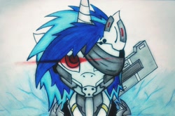 Size: 2000x1321 | Tagged: safe, artist:canvymamamoo, imported from derpibooru, dj pon-3, vinyl scratch, pony, unicorn, armor, crossover, eyepatch, female, glowing, glowing eyes, konami, looking at you, mare, metal gear, metal gear rising, raiden, solo, sword, traditional art, video game