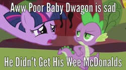 Size: 960x535 | Tagged: safe, edit, edited screencap, imported from derpibooru, screencap, spike, twilight sparkle, friendship is magic, image macro, long neck, mcdonald's, meme, mocking, quizzaciously