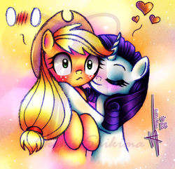 Size: 1200x1156 | Tagged: safe, artist:shikimaakemi, imported from derpibooru, applejack, rarity, earth pony, pony, unicorn, :<, abstract background, blushing, cute, eyes closed, featured image, female, get, heart, hug, index get, jackabetes, lesbian, nuzzling, raribetes, rarijack, shipping, smiling, watermark, wide eyes