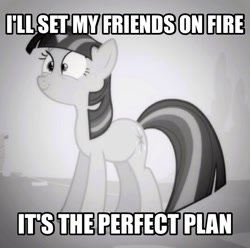 Size: 606x602 | Tagged: safe, edit, edited screencap, imported from derpibooru, screencap, twilight sparkle, pony, unicorn, swarm of the century, caption, grayscale, image macro, implied arson, implied murder, meme, monochrome, unicorn twilight