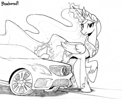 Size: 1280x1034 | Tagged: safe, artist:braeburned, deleted from derpibooru, imported from derpibooru, princess celestia, pony, bedroom eyes, car, grayscale, looking at you, magic, mercedes-benz, monochrome, raised hoof, solo, supercar, telekinesis