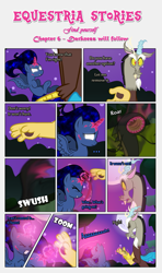 Size: 1919x3245 | Tagged: safe, artist:estories, imported from derpibooru, discord, oc, oc:penumbra, alicorn, draconequus, pony, comic:find yourself, comic, crystal, crystal horn, full moon, glowing, glowing eyes, glowing horn, hirudo, horn, moon, possession