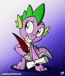 Size: 680x800 | Tagged: safe, artist:arthur9078, artist:dfectivedvice, imported from derpibooru, spike, dragon, baby, baby dragon, colored, cute, fangs, feather, green eyes, letter, male, quill, raised eyebrow, scroll, signature, solo, spikabetes