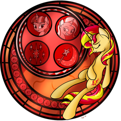 Size: 1500x1500 | Tagged: safe, artist:novaspark, imported from derpibooru, sunset shimmer, trixie, twilight sparkle, pony, unicorn, crossover, disney, dive to the heart, kingdom hearts, stained glass