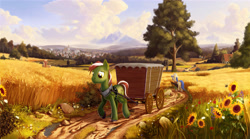 Size: 5400x3000 | Tagged: safe, artist:devinian, imported from derpibooru, fiddlesticks, oc, oc:ever steady, bee, earth pony, pony, absurd resolution, apple family member, au:eqcl, cloud, detailed, dirt, dirt road, female, field, flower, grass, guitar case, hat, house, looking down, male, mare, mountain, scenery, scenery porn, stallion, sunflower, town, tree, unshorn fetlocks, wagon, walking, wheat