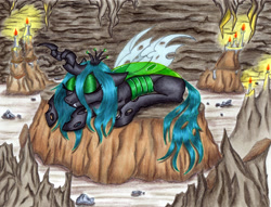 Size: 3193x2435 | Tagged: safe, artist:dgcdvaras, imported from derpibooru, queen chrysalis, changeling, changeling queen, candle, cave, crown, eyes closed, female, jewelry, regalia, sleeping, solo, traditional art, transparent wings, wings