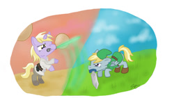 Size: 1136x640 | Tagged: safe, artist:godsgirl4444, imported from derpibooru, chirpy hooves, dinky hooves, crossover, link, luke skywalker, sibling rivalry, star wars, sword, the legend of zelda