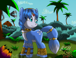 Size: 2791x2148 | Tagged: safe, artist:mitsi1991, imported from derpibooru, fox, fox pony, hybrid, pony, armor, crossover, female, flower, headdress, jewelry, jungle, krystal, looking back, mare, nature, necklace, nintendo, palm tree, ponified, smiling, solo, star fox, star fox adventures, tree, vixen, watermark