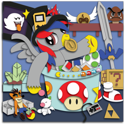 Size: 1865x1868 | Tagged: safe, artist:the-paper-pony, imported from derpibooru, oc, moogle, ? block, berry, boo, clothes, coin, commission, crash bandicoot, crash bandicoot (series), crossover, egg, final fantasy, fire flower, game boy, goomba, master sword, nintendo, nintendo entertainment system, pac-man, playstation, pokémon, sega, shadowbox, shoes, sonic the hedgehog (series), stars, super mario bros., super mushroom, the legend of zelda, triforce, yoshi egg